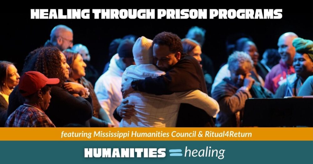 A photo of a Black man hugging another person in a dark room with stage lighting surrounded by other adults. Text shares details on the podcast episode.